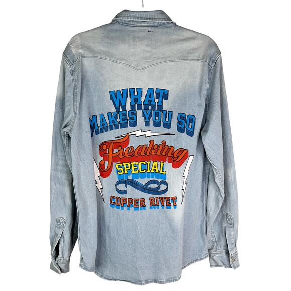 Copper Rivet Light Blue Denim Shirt Snap Button Graphic Prints Large - Picture 2 of 12